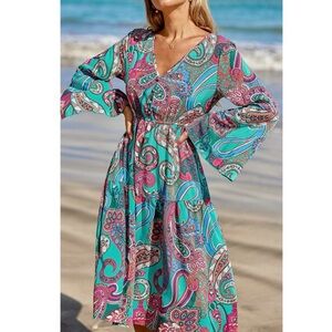 Cupshe Resort Dress Bell Sleeve Coastal Paisley Midi Beach Sz Women’s Small NWT